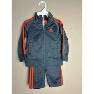 Adidas Kids Track Suit Set Gray Orange 3-Stripe Zip Jacket Pants 12M Baby Boys